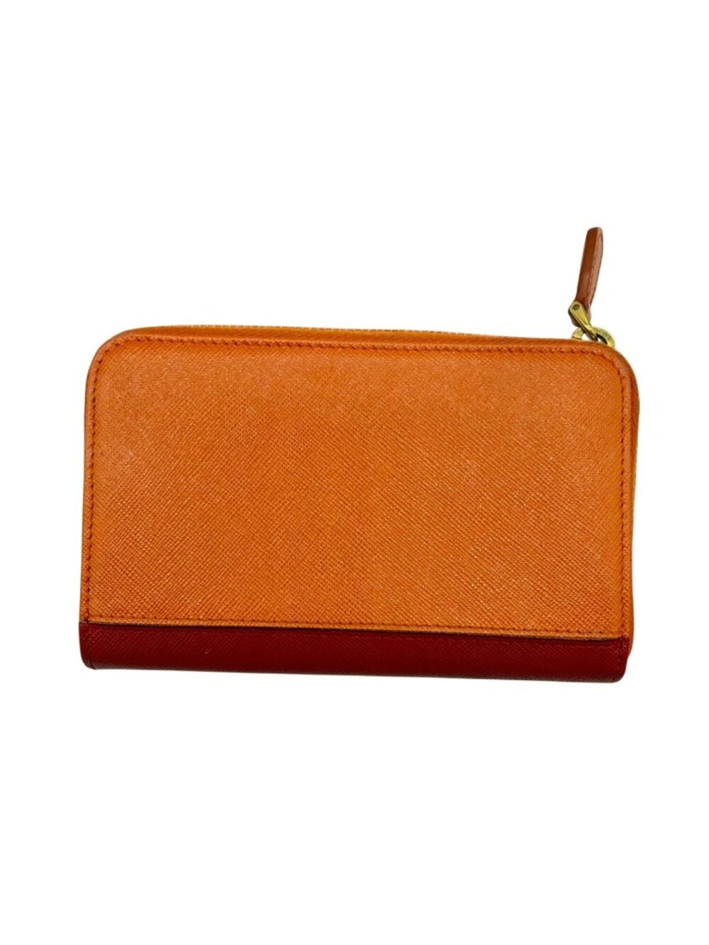 Prada Orange/Red Saffiano Leather Bicolor Zip Around Wallet featuring a gold log - Picture 6 of 12